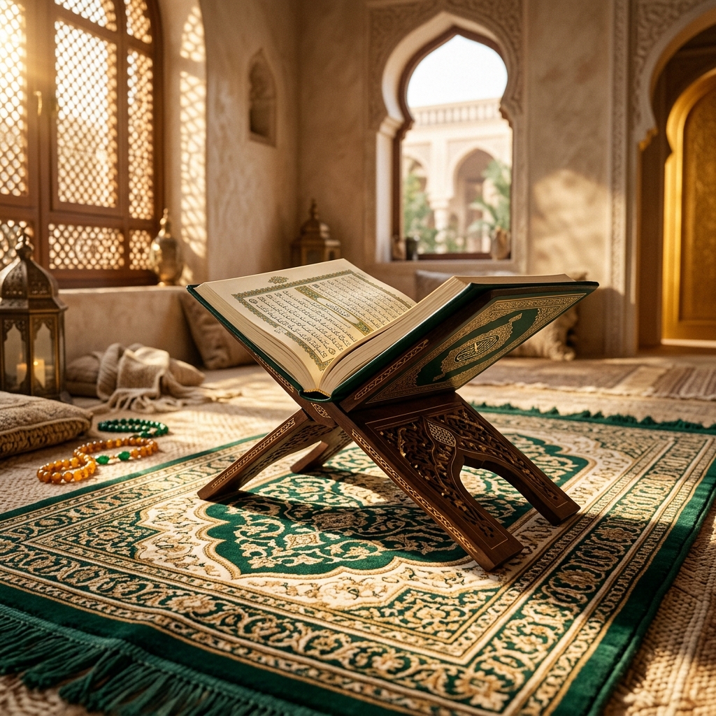 Holy Quran on rehal and premium prayer mat